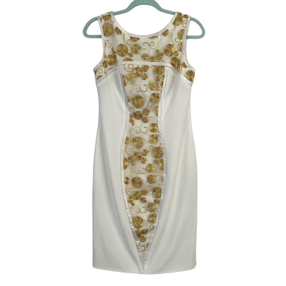 Theia Gilded Embroidered Sheath Cocktail Dress White & Gold Size 6 Event